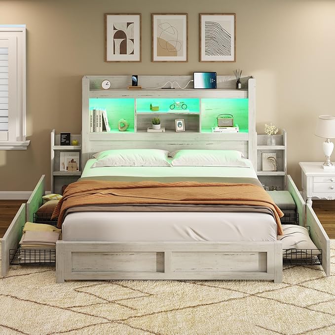 AMERLIFE Queen Bed Frame with 4 Storage Drawer, LED Bed Frame with 49.6" Tall Bookcase Headboard, Wood Platform Bed with Charging Station & 2 Slide Bedside Shelf, No Box Spring Needed/Distressed White
