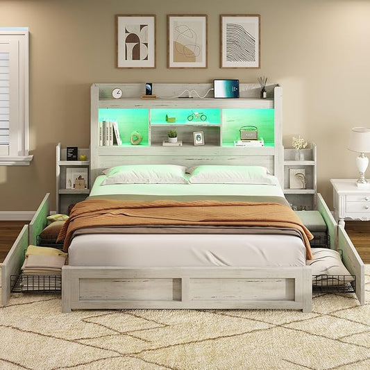 AMERLIFE Queen Bed Frame with 4 Storage Drawer, LED Bed Frame with 49.6" Tall Bookcase Headboard, Wood Platform Bed with Charging Station & 2 Slide Bedside Shelf, No Box Spring Needed/Distressed White