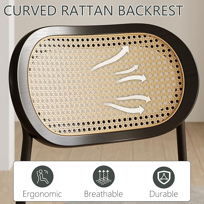 Rattan Dining Chairs Set of 2, Beige Leather Upholstered Dining Chairs with Rattan Cane Back, Mid Century Modern Dining Room Chairs with Black Metal Legs & D-Shaped Thicken Cushion, Beige