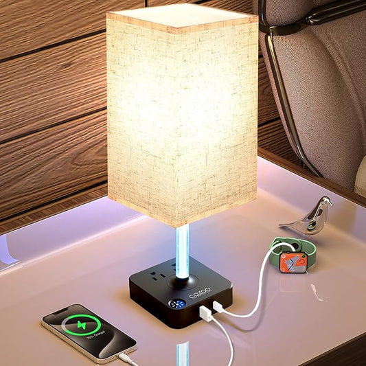 COZOO 3 Way Dimmable Touch Bedside Table Lamp with 3 USB Charging Ports 2 Outlets Power Strip,Black Charger Base White Fabric Shade,LED Desk Night Light for Bedroom/Nightstand/Living Room/College Dorm