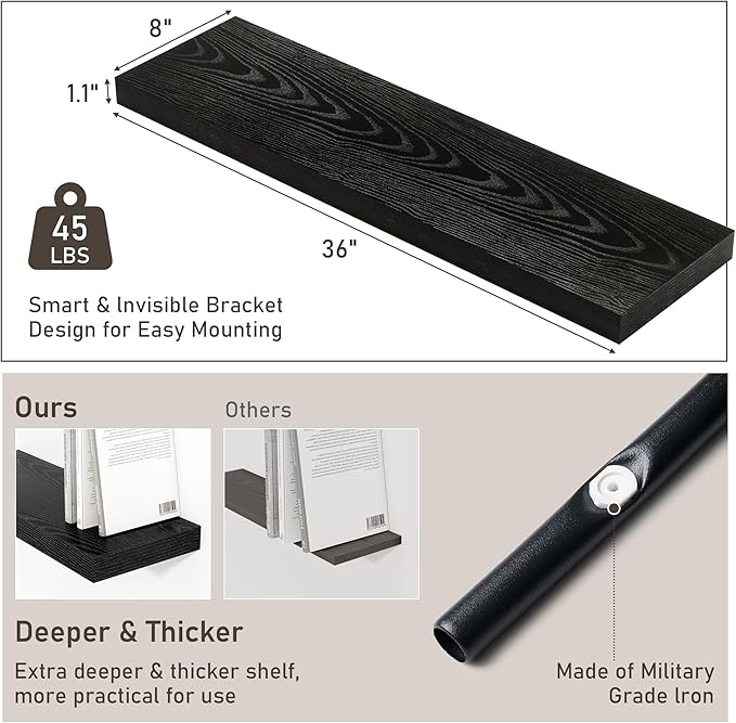 Fun Memories 36 Inch Floating Shelves, Wall Shelves Set of 2 for Bathroom/Living Room/Bedroom/Kitchen, Black Floating Shelf for Wall Decor with Invisible Brackets