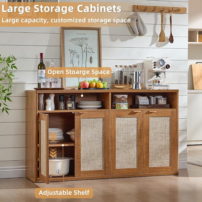 LEYAOYAO Rattan Sideboard Buffet Cabinet,55" Coffee Bar Cabinet with 4 Doors & Open Storage Shelf,Modern Credenza Console Table for Living Room Rattan Farmhouse entryway Brown