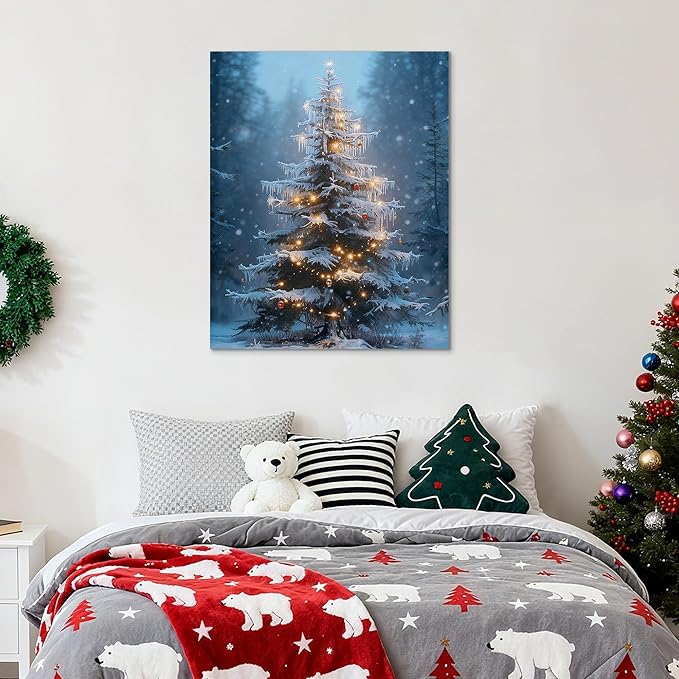 Framed Christmas Pictures Wall Decor,Vintage Pine Tree Prints,Winter Christmas Canvas Wall Art Decoration for Bedroom Bathroom Living Room Rustic Xmas Holiday Gifts (Christmas Tree 15, 20'' X 32'')