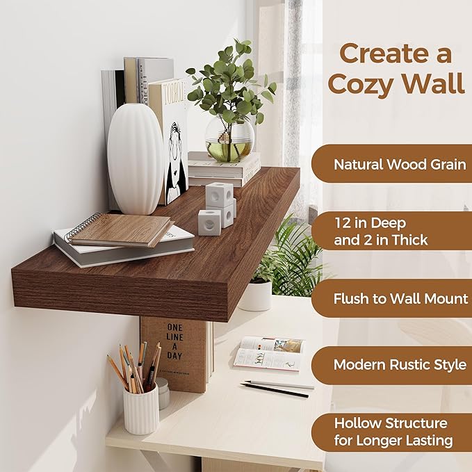Floating Shelves 36 Inch Long, 12 Inch Deep Floating Shelves for Wall, 36 x 12 Shelves for Wall Storage & Display, 2" Thick Floating Shelf for Bathroom, Living Room, Bedroom, Walnut Color, Set of 2