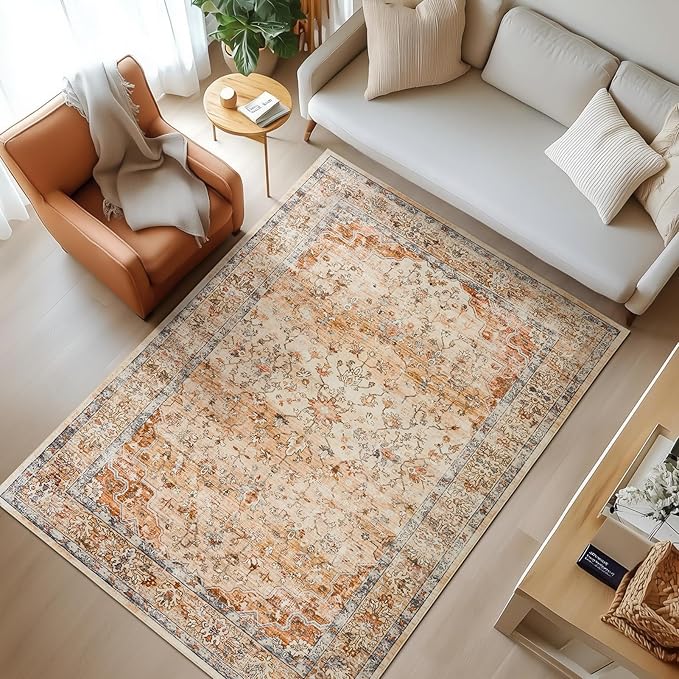 Boho Area Rugs 6x9 Machine Washable Living Room Rug Non Slip with Rubber Backing Soft Faux Fur Low Pile Stain Resistant Vintage Floral Carpet Rugs for Bedroom Dining Room Kids Room Office,Orange