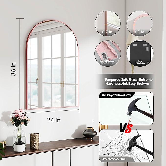 24x36 Arch Mirror Square Wall Mounted Metal Frame Mirrors for Entryway Bedroom Bathroom Living Room 24 36 inch Rosegold