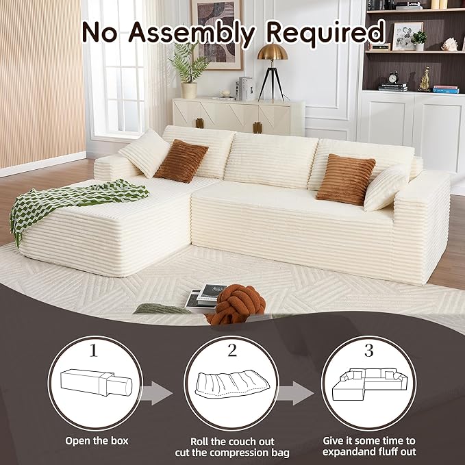 108" Boneless Couches for Living Room, Modular Sectional Sofa with Oversized Chaise, L-Shape Cloud Couch with Deep Seat, High-Density Memory Foam, No Assembly Required, Plush Corduroy Beige