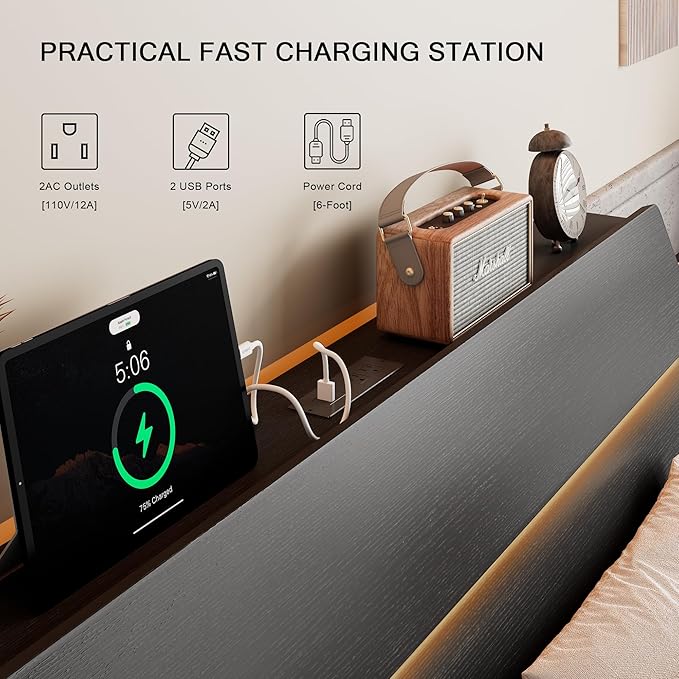 Floating Bed Frame King Size with Led Headboard and Charging Station, Metal Platform Bed Base with Storage, Remote Control, Heavy Slats Support, No Box Spring Needed, Noise Free, Black