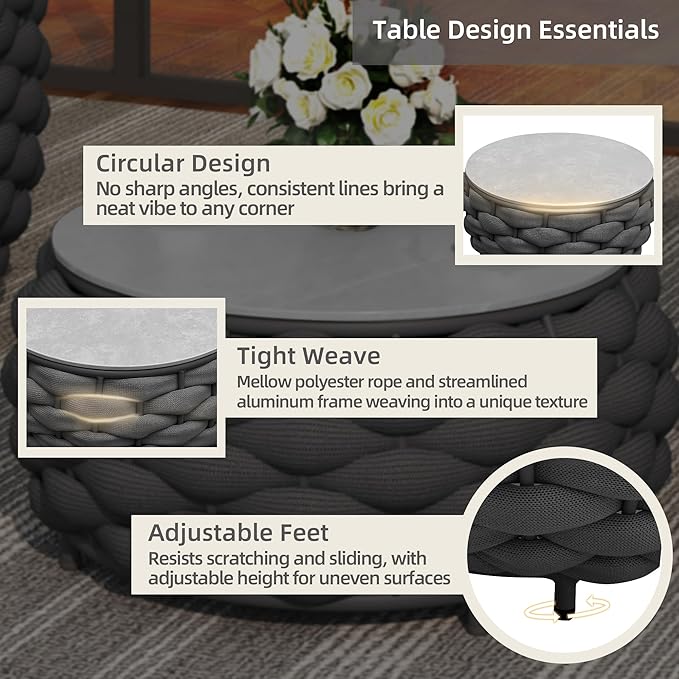 Round Coffee Table for Indoor & Outdoor Use, Aluminum Patio Furniture with Handwoven Ropes, Weather-Resistant for Garden, Terrace & Poolside (Black)