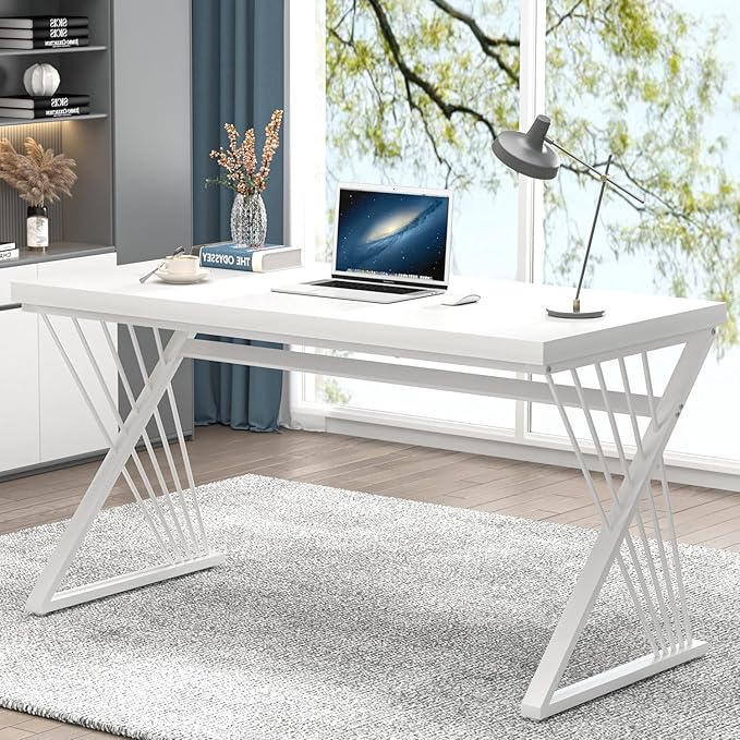 FOLUBAN Modern White Desk, Rustic Wood and Metal Computer Desk for Home Office, Simple Writing Work PC Desks for Bedroom, Industrial Study Gaming Table for Living Room, White, 53 Inch