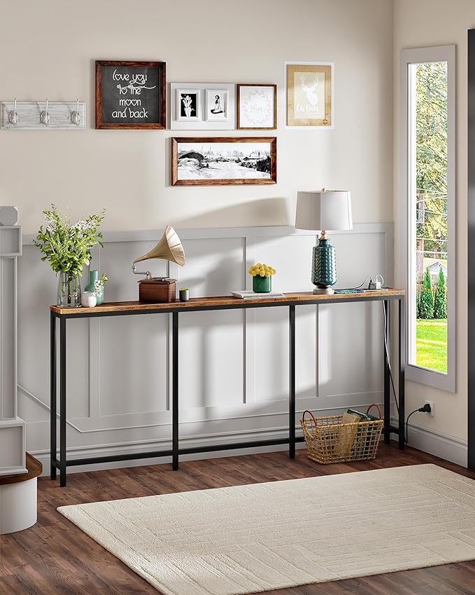 62.99" Console Table with Charging Station, Narrow Long Behind Couch Table, with 2 AC Outlets, 1 USB-A Port and 1 Type-C Port Rustic Brown and Black TXG26UBF
