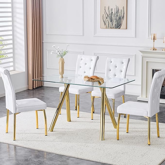 Modern Glass Dining Table for 6, 51.2" Rectangular Dining Table with Tempered Glass Top & Metal Legs, Gold Kitchen Table for Dinner Dining Room Living Room