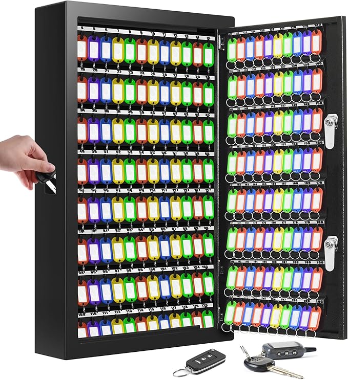 200 Keys Dual Lock Key Cabinet, Anti-Theft Key Lock Box with Key Tags, Adjustable Key Organizer Wall Safe for Car Office House Garage Rental Business