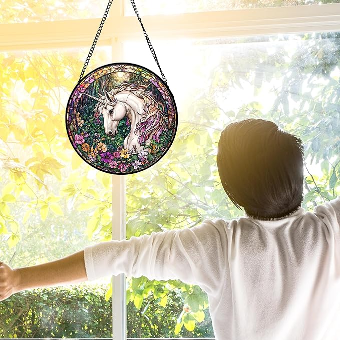 Stained Glass Window Hanging, Unicorn Flowers Suncatcher for Doors Home Sun Catchers Decoration and Christmas, Mother's Day Birthday Gifts for Women, Men, and Mom 6.3 in