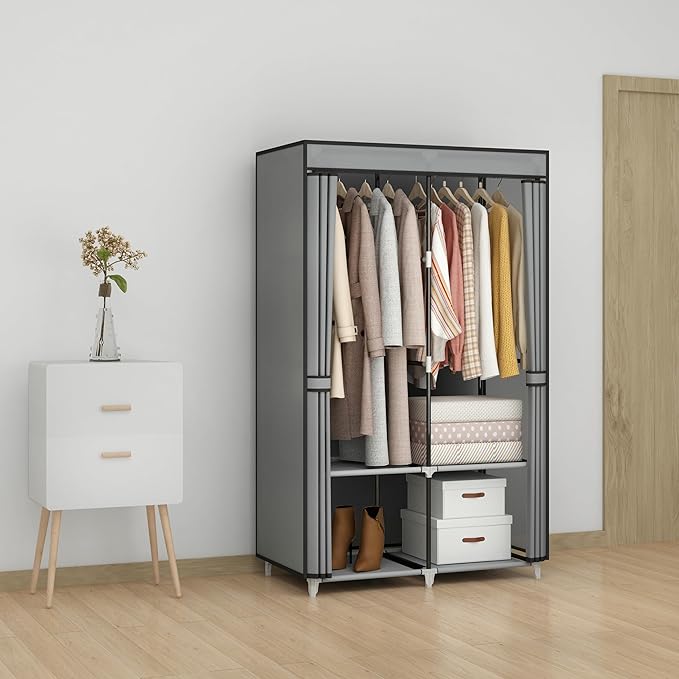 Portable Closet Wardrobe for Small Room, 35-Inch Clothing Organizer Storage Rack with 2 Clothes Hanging Rods and 4 Shelves, Non-Woven Fabric Cover, Grey