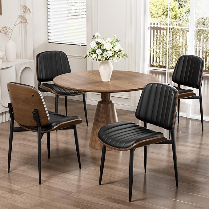 Dining Chairs Set of 8, Mid-Century Modern Upholstered PU Leather Chairs with Walnut Bentwood Back and Metal Legs Adjustable Feet for Kitchen Dining Living Room, Dark Black Vertical Stripes
