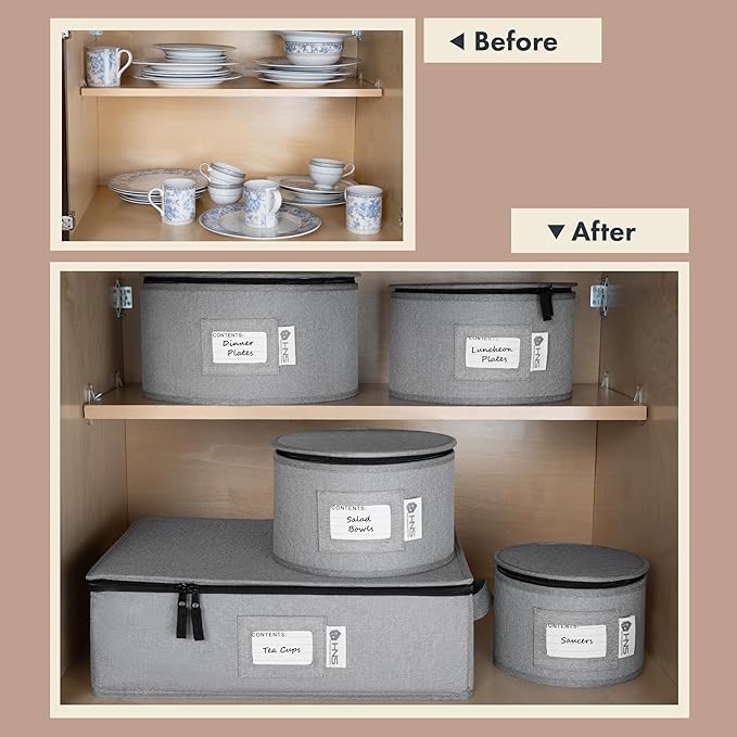 Hard Shell China Storage Containers 5-Piece Set Moving Boxes for Dinnerware, Glasses, Plates, Mugs and Saucers Sturdy Dish Organizer with Dividers for Seasonal Storage - Service for 12 - Gray