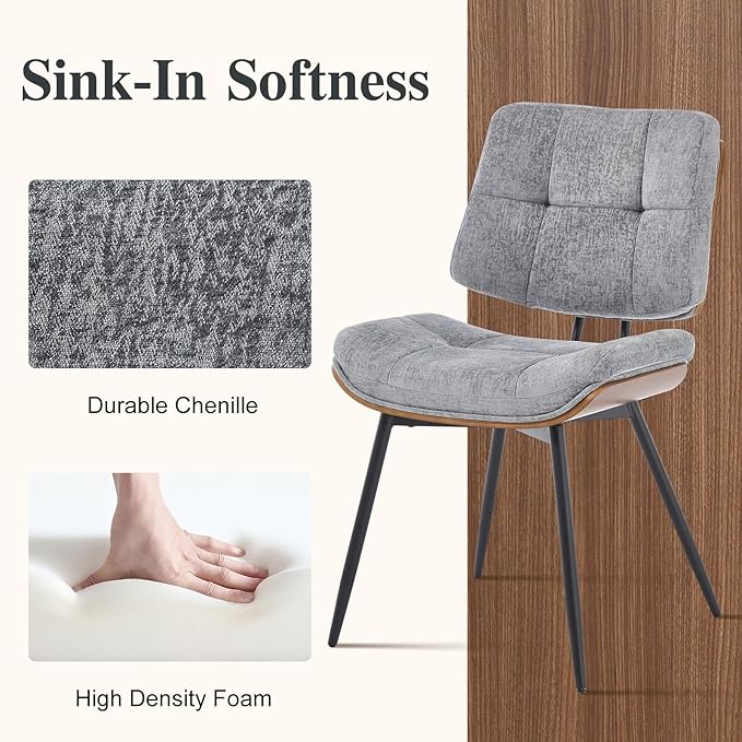 Dining Chairs Set of 6,Mid Century Modern Kitchen Chairs with Walnut Bentwood Back and Metal Legs,Upholstered Fabric Dining Room Chairs for Kitchen, Living Room,Grey