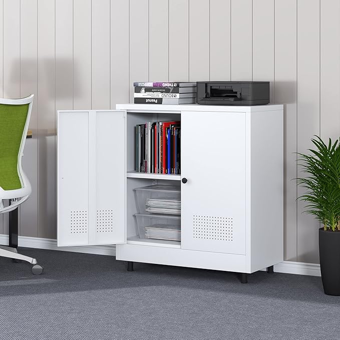 Metal Storage Cabinet with 2 Doors and Adjustable Shelf, Free Standing Accent Sideboard Buffet Cabinet for Home, Office, Entryway, Hallway, Living Room, Kitchen and Dining Room (White)