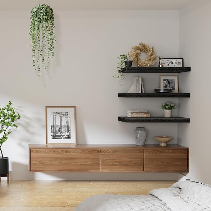 QEEIG 12" Deep Floating Shelves for Wall - 12 x 24 inch Book Shelf Bathroom Bedroom Kitchen Living Room Hanging Bookshelf Farmhouse Set of 3, Black (026-60B3)