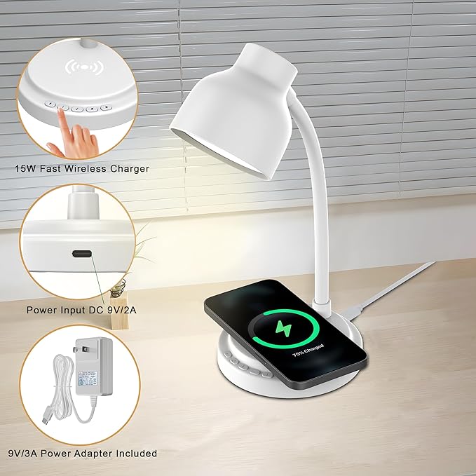 LED Desk Lamp for Office Home,Table lamp with Bluetooth Speaker&15W Wireless Charger,Desk Lamp for College Dorm Room,4 Brightness,Dimmable Table Lamp Eye Caring Reading Light(White)