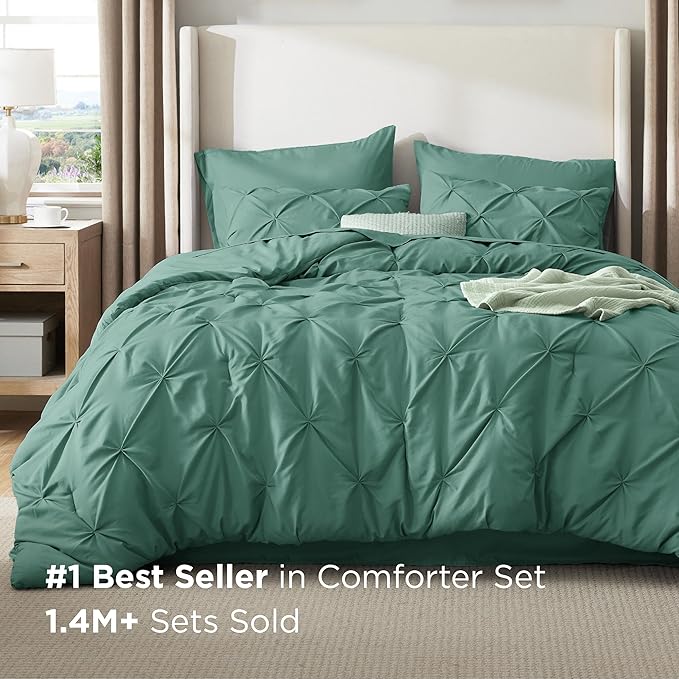 Bedsure Twin Comforter Set Graysih Green - Bed in a Bag Twin Size Bedding 5 Pieces, GentleSoft™ Pintuck Bed Set Gift for Family, Pinch Pleat Graysih Green Comforter with Sheets, Pillowcase & Sham