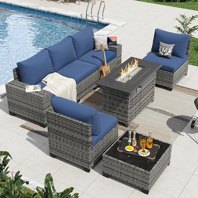 Aoxun 7 Pieces Patio Furniture Set with 44” Fire Pit Table Wicker Rattan Outdoor Sectional Conversation Set with Coffee Table and 4” Thickened Cushions, Gray/Blue(Waterproof Cover Included)