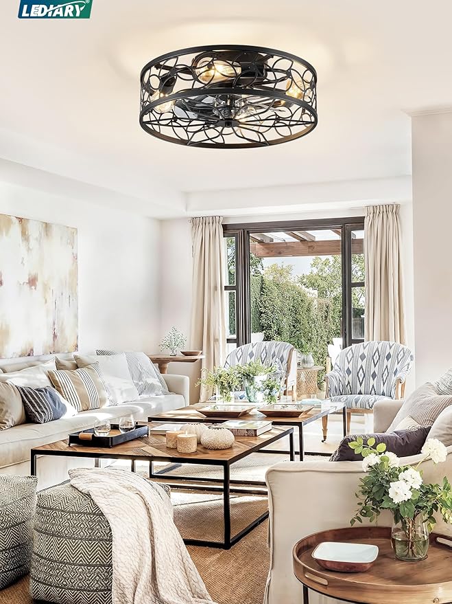 LEDIARY 20 Inch Caged Ceiling Fans with Lights, Black Flush Mount Ceiling Fan with Remote, Low Profile Bladeless Ceiling Fan Light Fixture for Bedroom, Kitchen, Dining Room