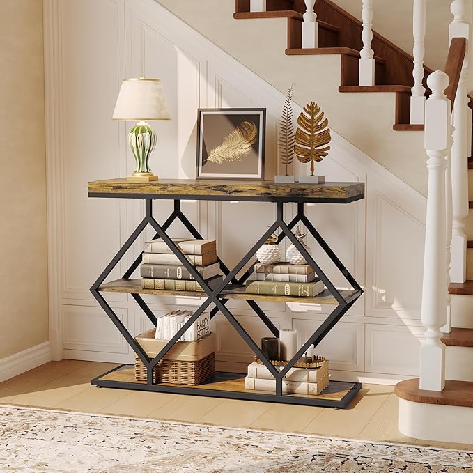 Garvee 3-Tier Entryway Table, Industrial Console Sofa Table with Storage, Accent Tables with Open Shelves, Diamond-Shaped Metal Frame, Foyer Tables for Entryway, Hallway, Rustic Brown