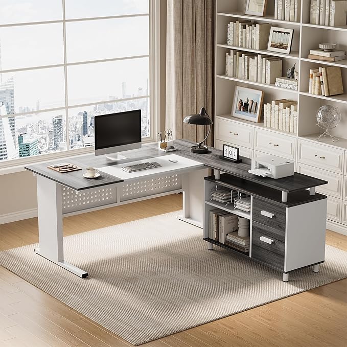 LITTLE TREE Large Computer Desk with File Cabinet, 63-Inch Executive Desk L Shaped Office Desk with Drawers and Storage Shelves, Business Furniture Desk Workstation for Home Office (Grey + White)