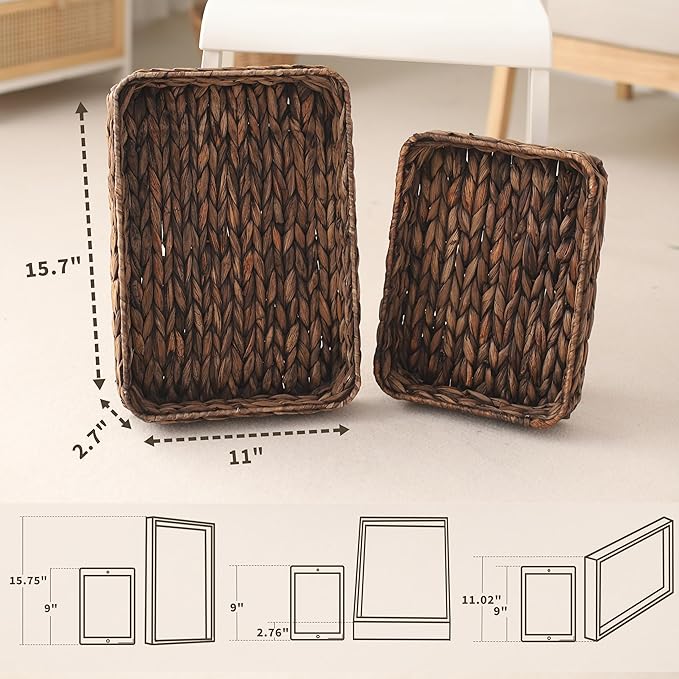 Water Hyacinth Woven Serving Tray Rectangular Hand-Woven Wicker Storage Trays for Coffee/Breakfast/Dessert/Fruit/Bread (Brown-Large)