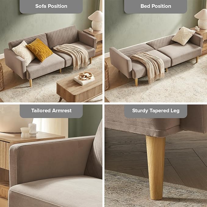 mopio 76.4" Futon Sofa Bed, Couch, Loveseat, Sleeper Sofa, Mid Century Modern Futon Couch, Sofa Cama, Couches for Living Room (Mocha Brown Premium Velvet)