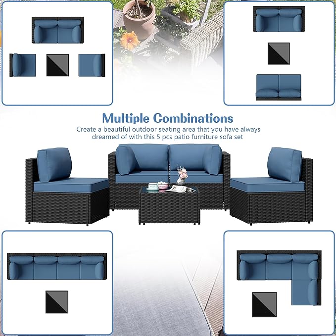 Shintenchi 5 Pieces Outdoor Patio Sectional Sofa Couch, PE Wicker Furniture Sets, Patio Conversation Sets with Washable Cushions Glass Coffee Table for Garden, Poolside, Backyard, Aegean Blue