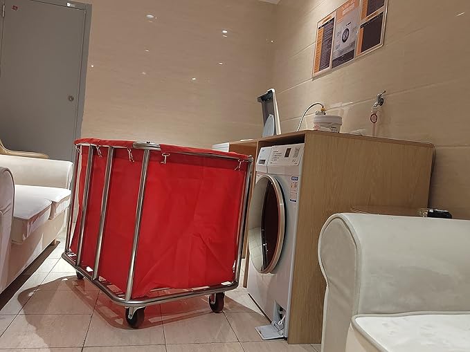 Commercial Laundry Cart with Wheels, 11.35 Bushel Large Rolling Laundry Hamper with Removable Waterproof Canvas Lining Basket, Heavy Duty Stainless Steel Rolling Hampers for Hotels & Hospital