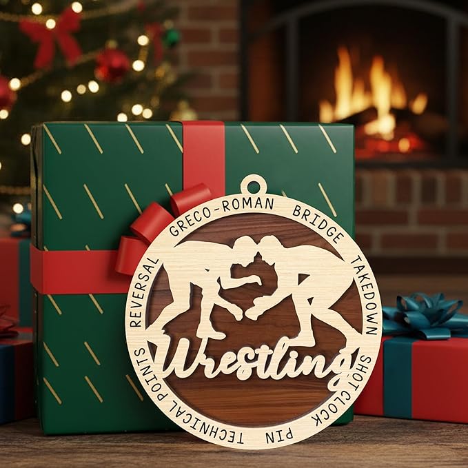 Wrestling Christmas Ornament 2025-2 Layer Wooden Wrestling Ornaments for Christmas Tree - Wrestler Hanging Decor Ornament - Gifts for Wrestlers, Coaches, Fans, Sport Lovers - Sports Wood Ornaments