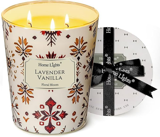 HomeLights Large jar Candle | 3-Wick Long-Lasting Scented Candles, 34oz Natural Soy Wax Candle for Home Scented, Bohemian Natural Textures Gifts for Women & Men, Lavender Vanilla