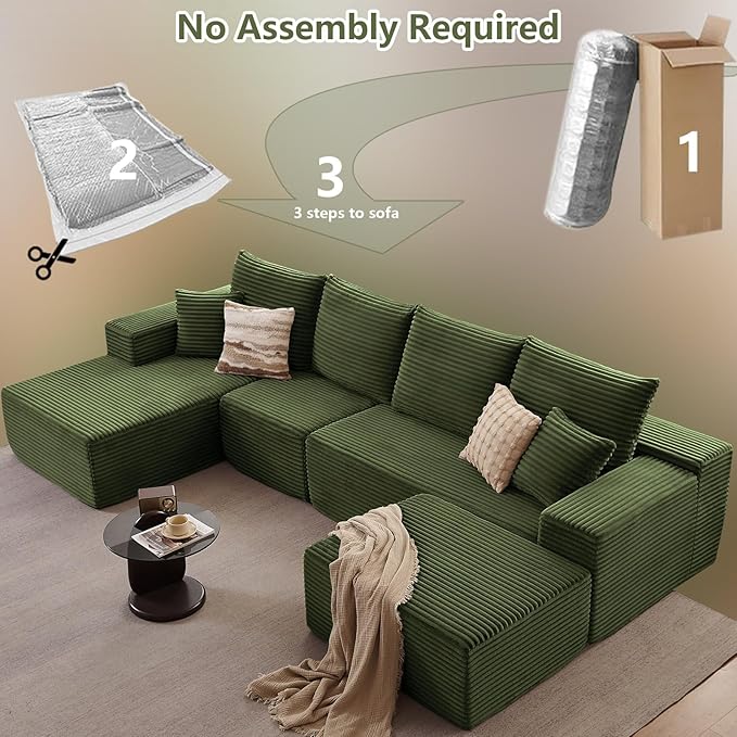 135" L-Shape Sofa with Ottoman, Modern Modular Sectional Comfy U-Shape Cloud Couch, Deep Seat, Upholstered Corduroy Sleeper Chaise Longue for Living Room Bedroom, No Assembly Required, Green