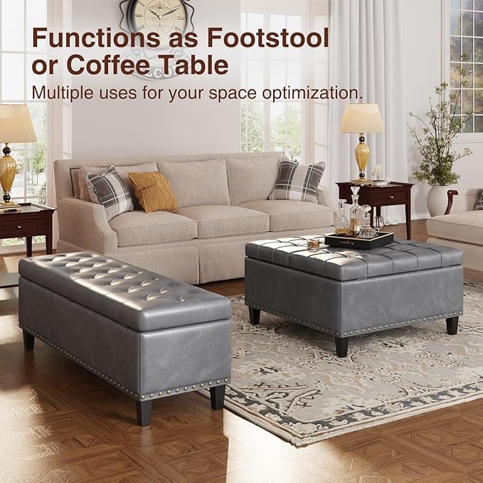 Large Storage Bench, 51-Inch Ottoman for Bedroom End of Bed, 30 Gallons Faux Leather Bench for Bedroom, Living Room, Entryway, Hallway, Grey