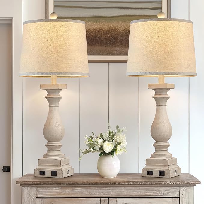 28" Tall Farmhouse Table Lamps Set of 2 with USB C+A Ports and AC Outlet, 3 Way Touch Control Rustic Bedside Lamp for Bedroom, Beige Vintage Nightstand Lamp for Living Room Office