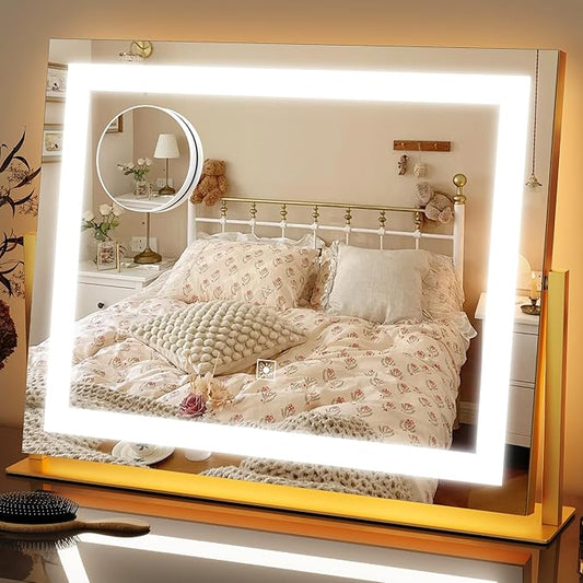FENNIO Vanity Mirror with Lights 22''x18'' Makeup Mirror with Lights,Lighted Makeup Mirror with 10X Magnification ，Smart Touch Screen with 3-Color Lighting,Dimmable（Square Gold）