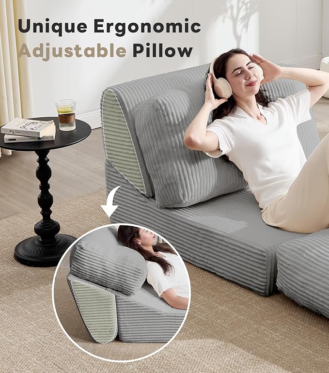 Tbfit Folding Sofa Bed, Convertible Sleeper Chair with Large Pillow, Corduroy Folding Couch Bed, Portable & Foldable Mattress Boneless Floor Sofa for Living Room, Bedroom, Office, Grey, Single
