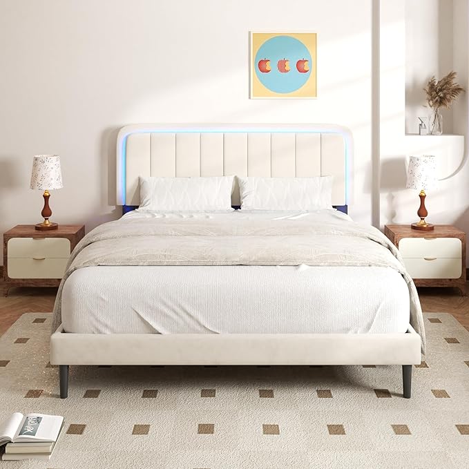 Queen Size Bed Frame with LED Lights, Upholstered Platform Bed with Adjustable Headboard, No Box Spring Needed, Noise-Free, Easy Assembly, Velvet Beige