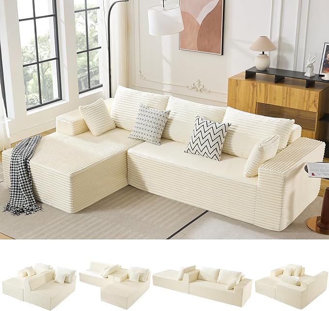 110" Boneless Sectional Couch with Chaise Lounge, Cloud Couch Compressed Sofa L Shape, No Assembly Memory Foam Sofa for Living Room, White Corduroy