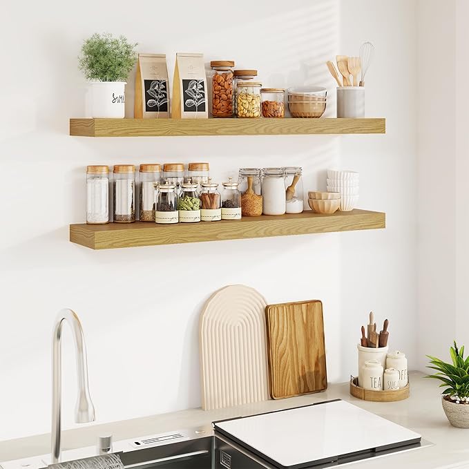 Fun Memories Floating Shelves for Wall, 40Inch Floating Shelves Set of 2, Hanging Shelf with Invisible Brackets, Wood Shelves for Living Room, Bedroom, Kitchen, Oak