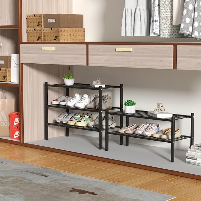 2 Tier Bamboo Shoe Rack for Closet Free Standing Wood Shoe Shelf for Entryway Small Space Stackable 27"x11"x13" (Black)