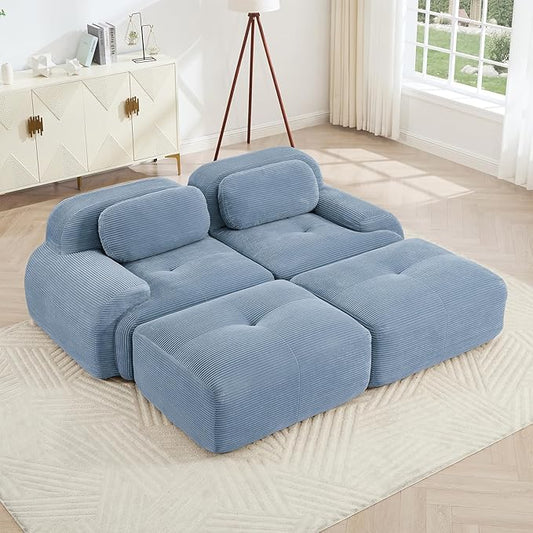 80" Modern Compressed Boneless Love Seat Couches with 2 Ottomans, 2 Seater Large Sectional Couches for Living Room, Blue Corduroy Cloud Modular Sectional Sofa, Memory Foam, Deep Loveseat, No Assembly