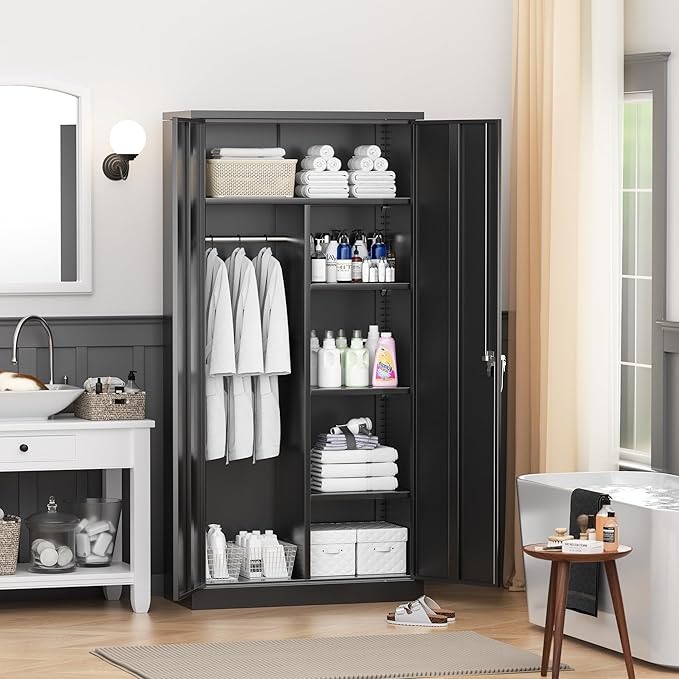 INTERGREAT Metal Wardrobe Closet, 72" H Metal Storage Armoires Cabinet with Lockable Doors and Hanging Rod, Armoire Wardrobe Closet with 4 Adjustable Shelves for Home Office, Warehouse, Garage, Black