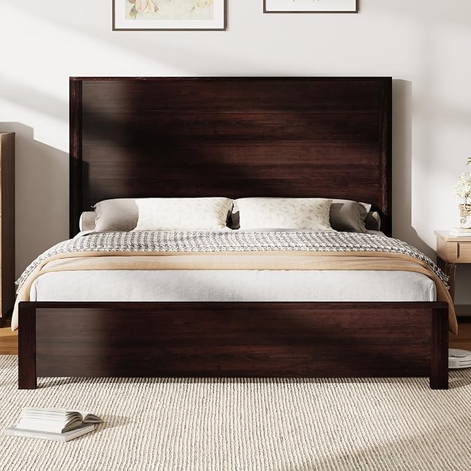 AMERLIFE Full Size 51.2" Wood Bed Frame, Rustic Platform Bed with Spliced Headboard, Wood Slats Support/Noiseless/No Box Spring Needed/Dark Brown