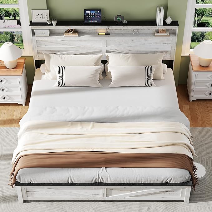 Farmhouse King Size Bed Frame with Headboard Storage Shelf, Wood Platform Bed Frame with LED Lights & Charging Station, Rustic White Metal Bed, No Box Spring Needed, Noise-Free Sturdy Structure