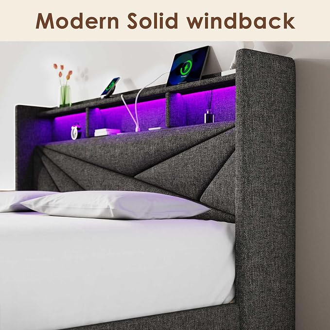 LED Full Size Bed Frame with 2 Storage Drawers, Upholstered Full Bed Frame with Headboard and Charging Station, No Box Spring Needed, Easy to Assembly-Dark Grey